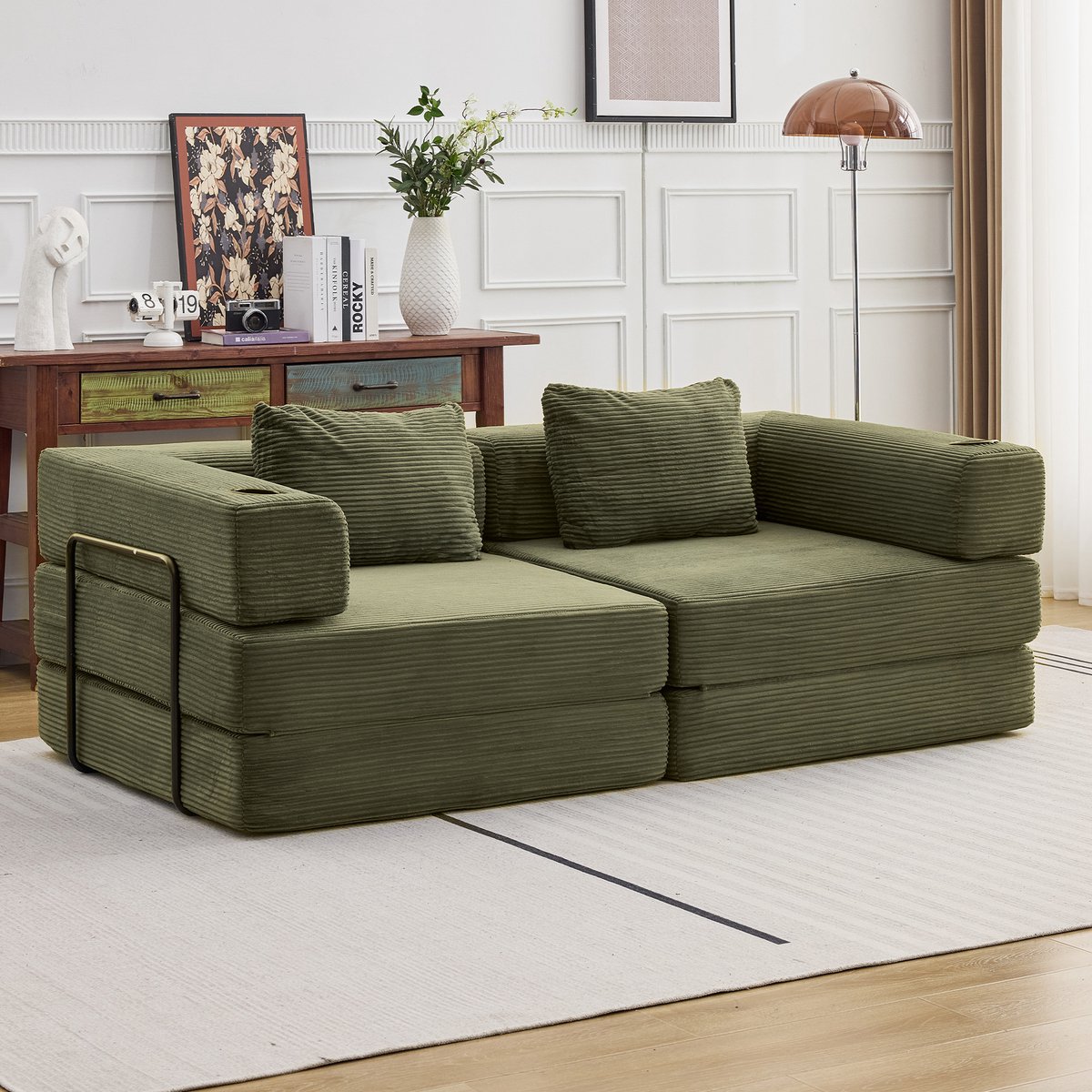 Multifunctionele Corduroy Slaapbank–Vaste Framebank –Opvouwbaar met 2 Kussens en Armleuningen – Comfortabel 2-in-1 Ontwerp –Geschikt voor 2 Personen –Te Gebruiken als Bank, Ligstoel en Logeerbed – Ideaal voor Appartementen of Kleine Ruimtes –Groen