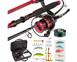 Telescoop Vishengel Set – Draagbare Visuitrusting voor Beginners en Gevorderden – Samenklapbare Hengel met Molen, Lijn en Aas – Ideaal voor Zoet- en Zoutwater Vissen – Rood - 2.1M 7FT