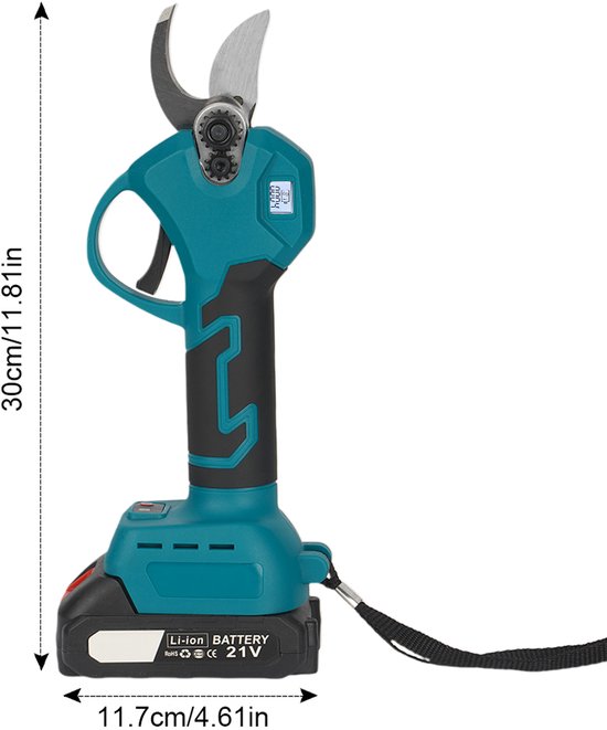 Draadloze Elektrische Snoeischaar Met Borstelloze Motor En Gebogen Blad - Veiligheidsstart 1300 mAh Lithiumbatterij 25 mm Takkenkniplengte Ergonomisch - Blauw — afbeelding 3