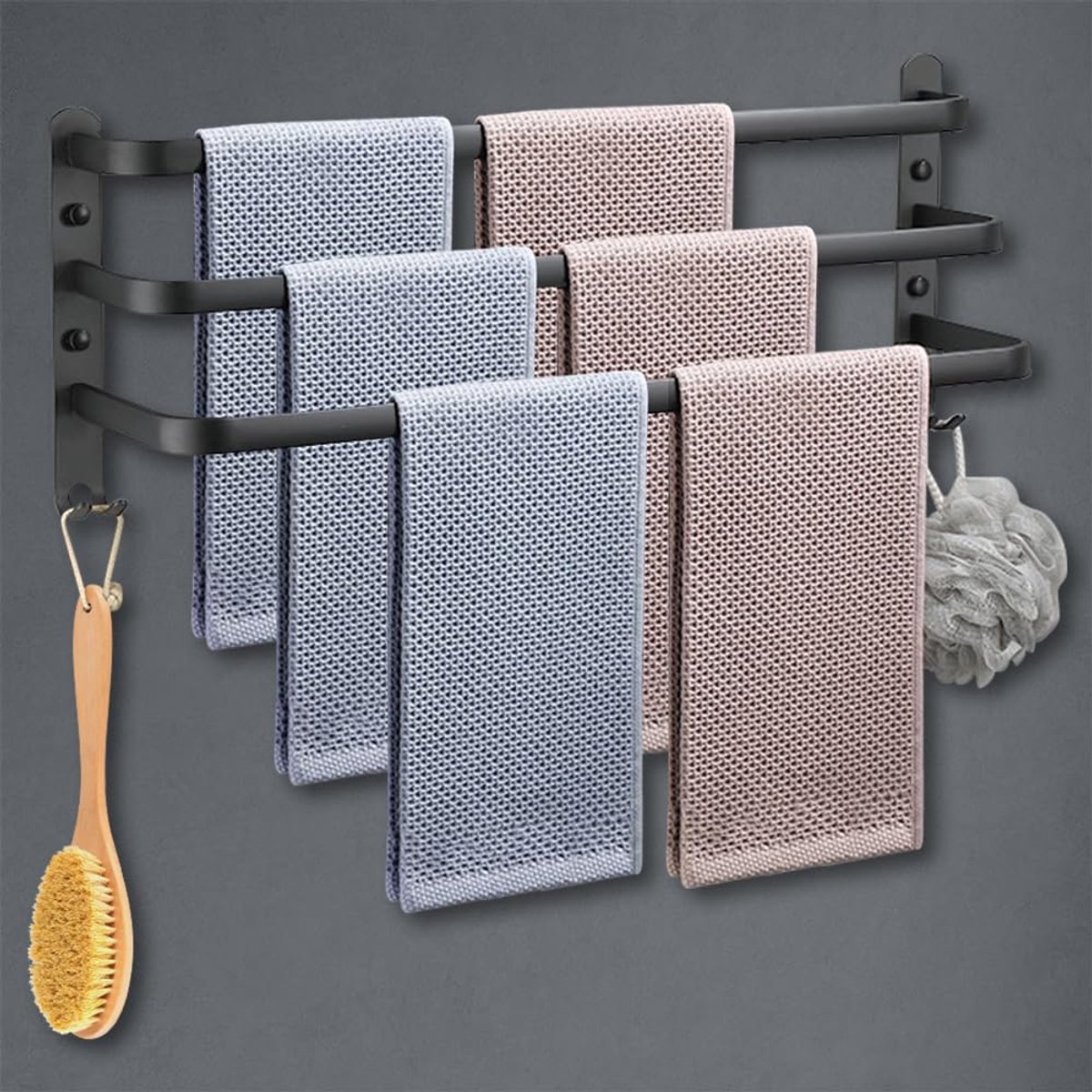 Omgoods - Wandgemonteerde Handdoekrek 3 Laags - Space Aluminium, Zwart, 60CM