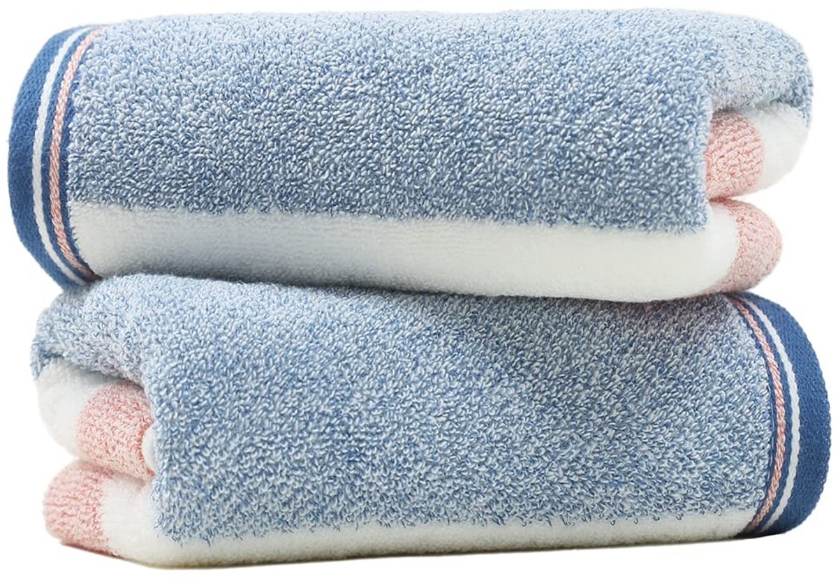 Omgoods - Terry Handdoek Set 100% Katoen - Zacht Roze en Blauw Gestreepte Badhanddoeken