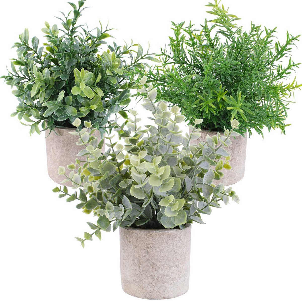 Omgoods - 3 Stuks Mini Kunstplanten in Pot - Eucalyptus, Boxwood en Rozemarijn