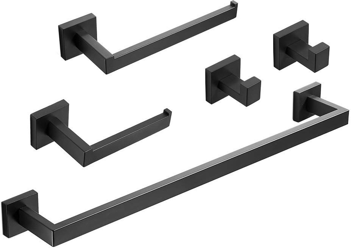 Omgoods - Badkamer Accessoires Set Mat Zwart - 5 Delen Roestvrijstaal