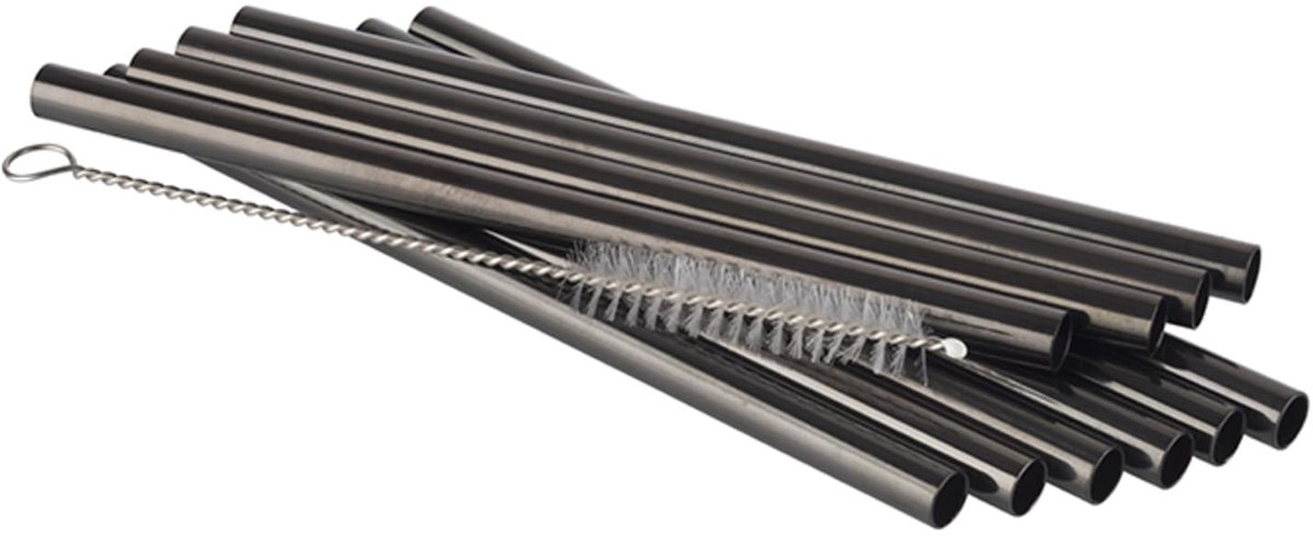 Buddy´s Bar 66129 - herbruikbare glazen drinkrietjes set 10 stuks - gunmetal - 15 cm - met schoonmaakborstel