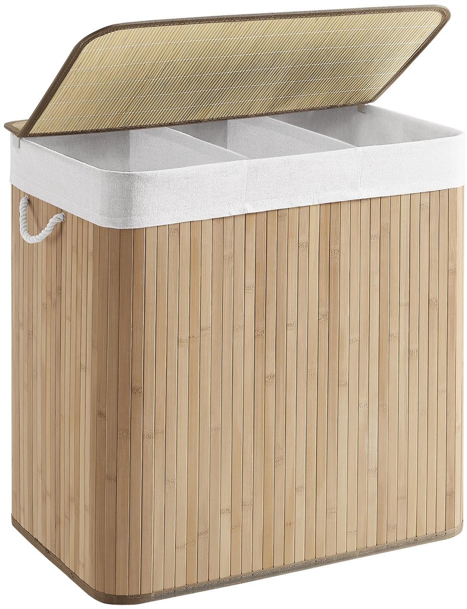 Omgoods- Wasmand 150L - Wasbox met Deksel - Wassorteermachine - 3 Compartimenten - Bamboe - Robuust Metalen Frame - Maximaal Draagvermogen 25 kg