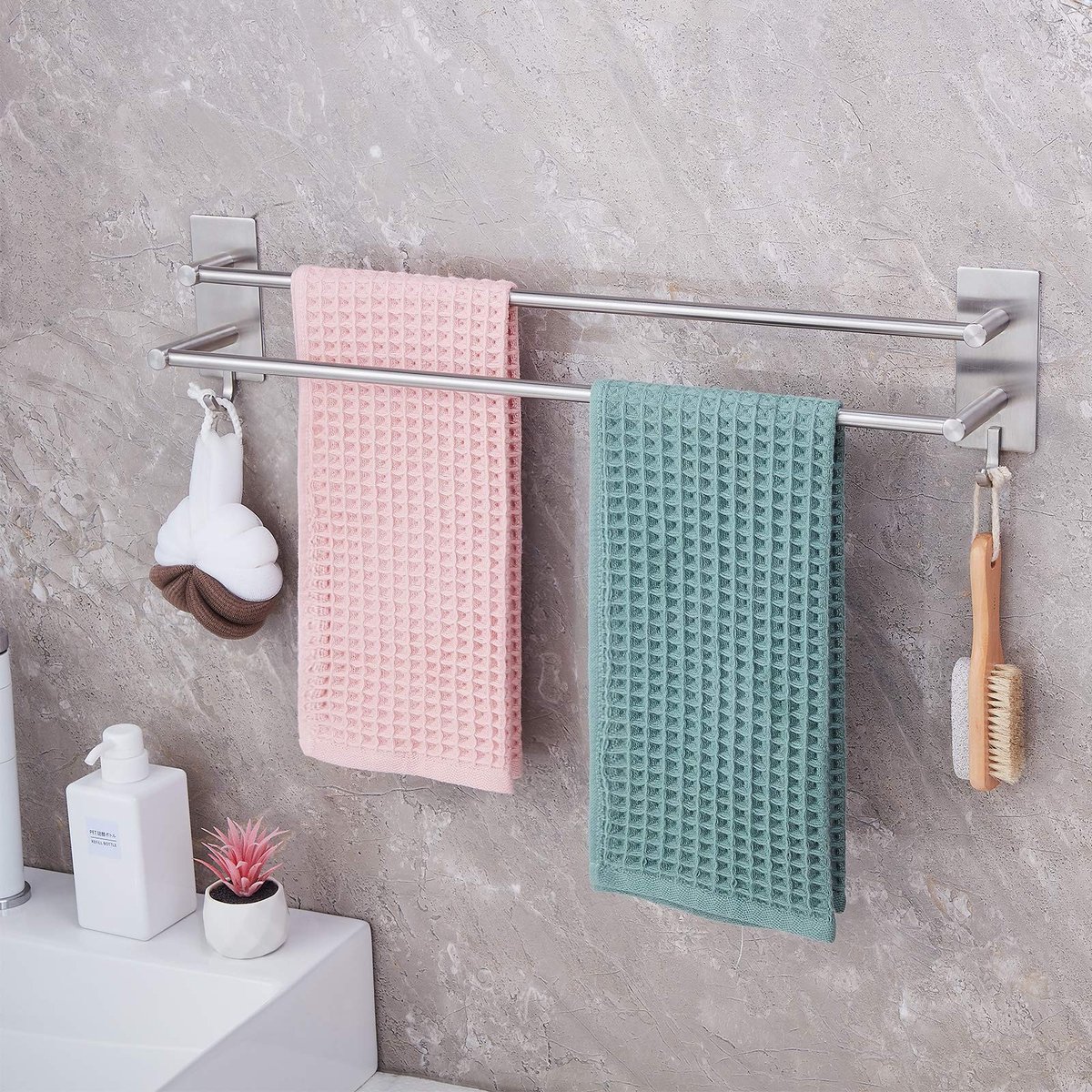 Omgoods - 2-Tier Handdoekhanger - Towel Rack met 2 Haakjes voor Badkamer