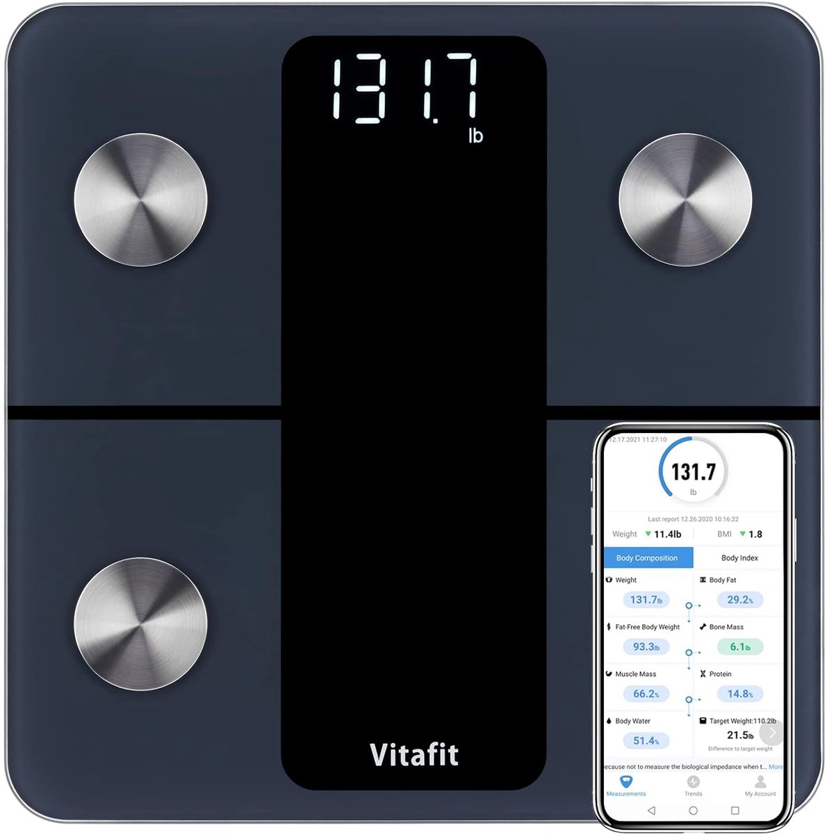 Slimme Personenweegschaal - Lichaamsanalyse Weegschaal met App - BMI - Lichaamsvet - Spiermassa - Waterpercentage - 13 Lichaamsmetingen - 182 kg - Digitale Badkamerweegschaal - Zwart