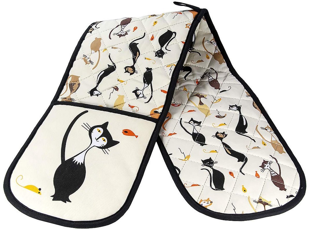 Omgoods - Dubbele Ovenhandschoenen met Zwarte Kattenprint 87x18cm