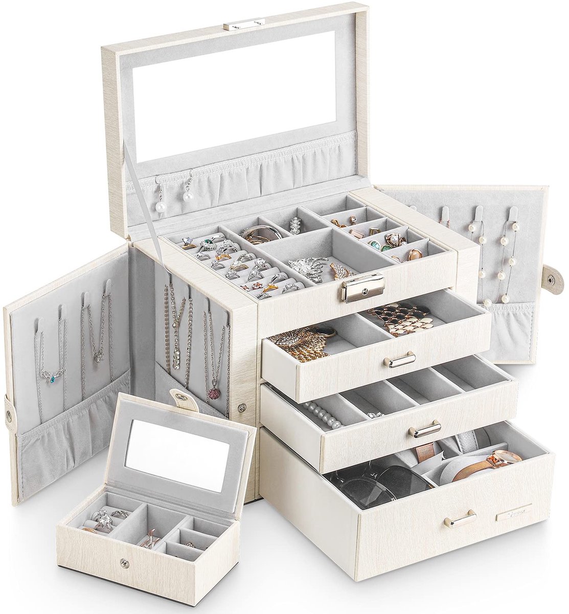Omgoods - Sieradenbox met Spiegel en 3 Lades, Lockable Design