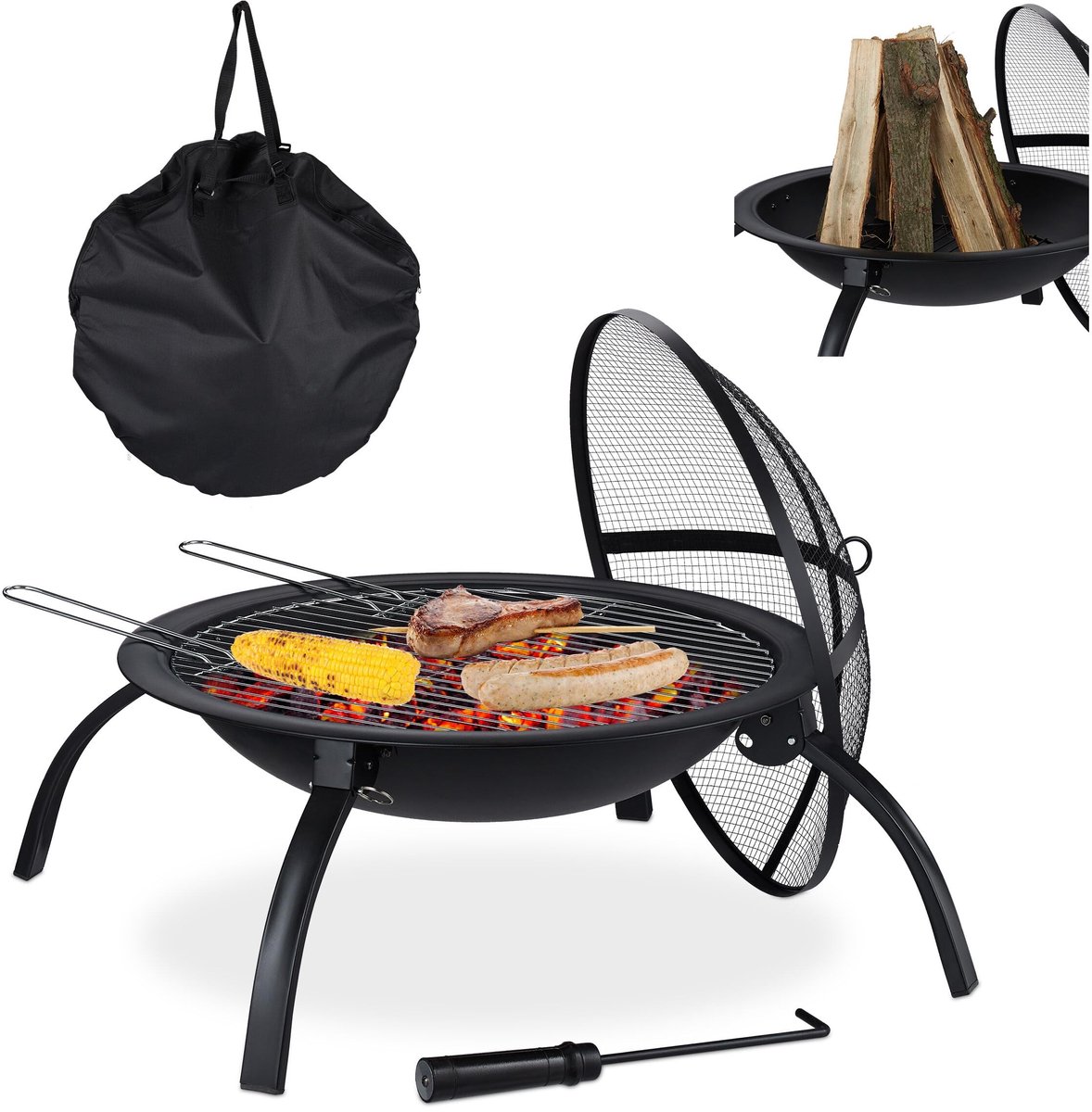 Omgoods - Vuurkorf met Accessoires en Opbergtas 56.5 cm Zwart