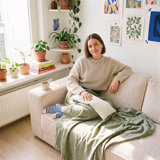 Een vrouw met een beige trui zit op een crèmekleurige bank met een crèmekleurig warmtekussen en een groene deken.