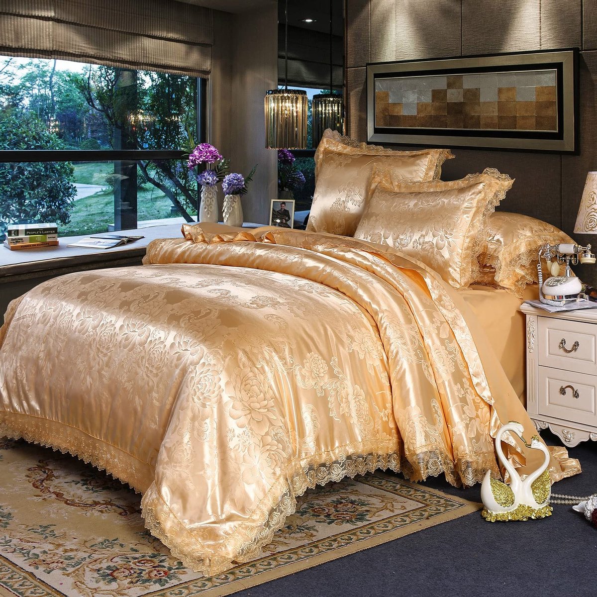 Omgoods - Luxe Duvet Dekbedovertrek Set - Gouden Paisley Damast, Dubbel