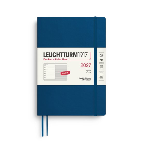 Leuchtturm1917 A5 softcover planner en notitieboek in indigo blauw met elastische sluiting en een lint. Tekst: 2027 Weekly Planner & Notebook.