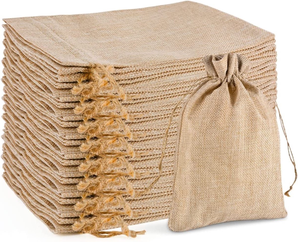 Omgoods - Set van 20 Jute Tassen met Trekkoord voor Herbruikbare Opslag in Natuurlijk Hennepkleur
