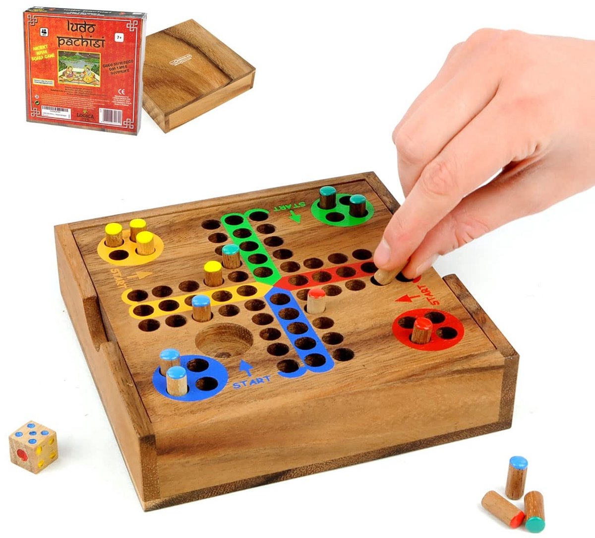 Omgoods - Houten Bordspel Ludo - Reisversie in Teakhout