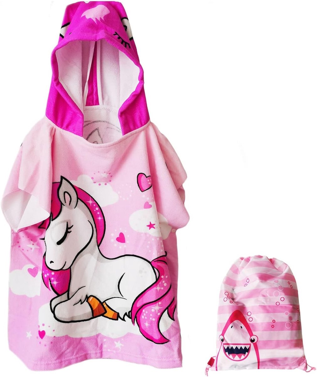 Omgoods- Kinderponcho met Capuchon - Badstof Handdoek - Eenhoornpatroon - Geschikt voor Strand/Badkamer - Afmetingen 60x90 cm - Super Fijne Vezel - Badhanddoek