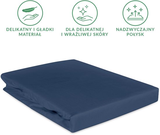 Housse de matelas bleu marine, pliée. Icônes indiquent : matière douce, pour peau sensible, brillante.