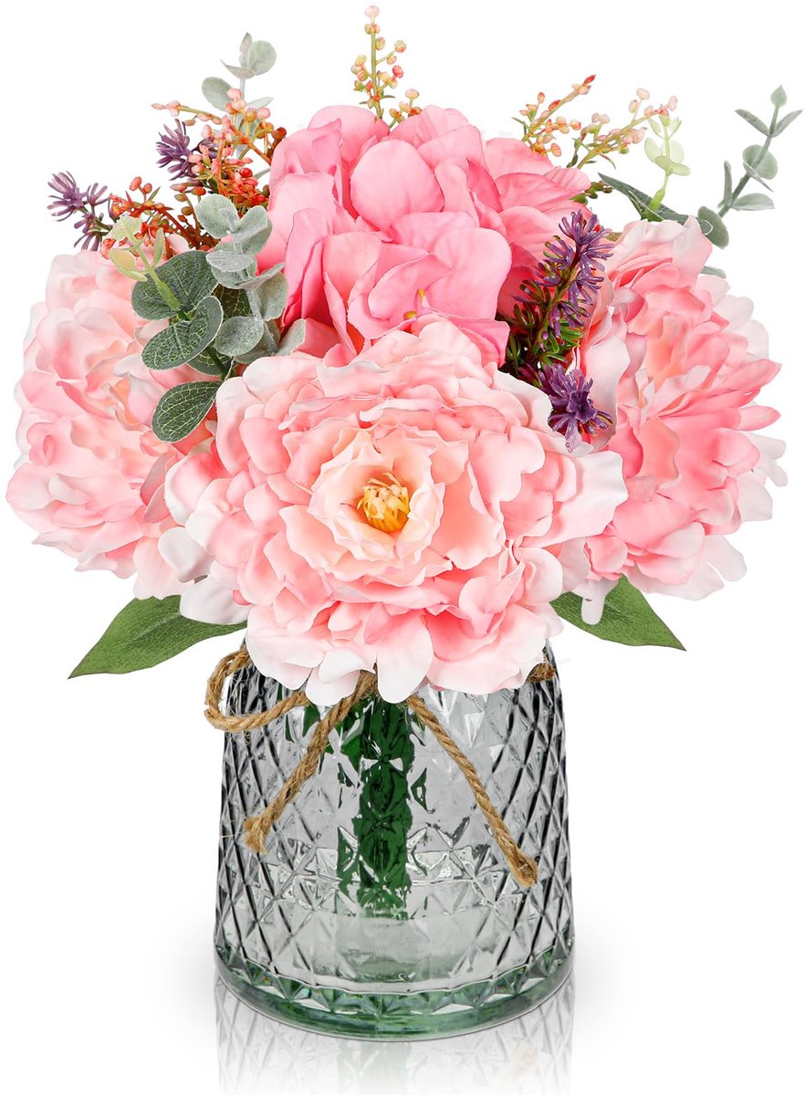 SnelShoppen - Kunstbloemen met vaas, realistische pioen en hortensia, roze zijden bloemen voor thuis, keuken, woonkamer, tafel, kantoor, bruiloft, blo