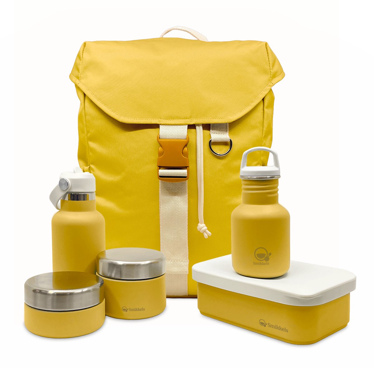 Smikkels - Complete startset basisschool - Schoolset Daily Wander Original Geel - Rugzak - RVS lunchbox - drinkfles - thermosfles - fruitbakjes - kinderen