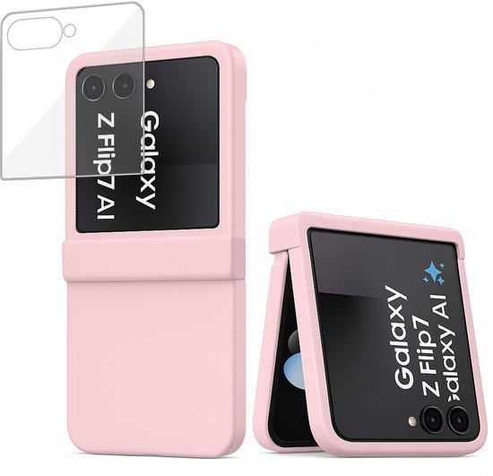 Coque de téléphone rose pour Galaxy Z Flip 7 avec une protection d'écran assortie.
