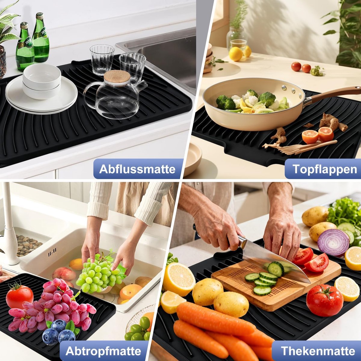 Afdruiprek voor servies, siliconen, droogmat, 48cm*35cm, hittebestendig, antislip, voor werkblad, gootsteen en afdruiprek (zwart)