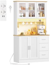 HILINSIE Hoge Keukenkast, met Stopcontact en Ledstrips, 40 x 100 x 180 cm, Rek met 6 Niveaus achter de Deur, 5 Deuren en 3 Laden, voor Keuken of Woonkamer, Wit