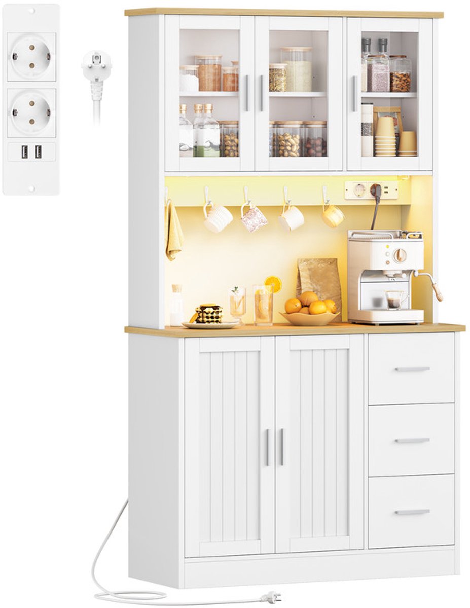 Hzuaneri Hoge Keukenkast, met Stopcontact en Ledstrips, 40 x 100 x 180 cm, Rek met 6 Niveaus achter de Deur, 5 Deuren en 3 Laden, voor Keuken of Woonkamer, Wit