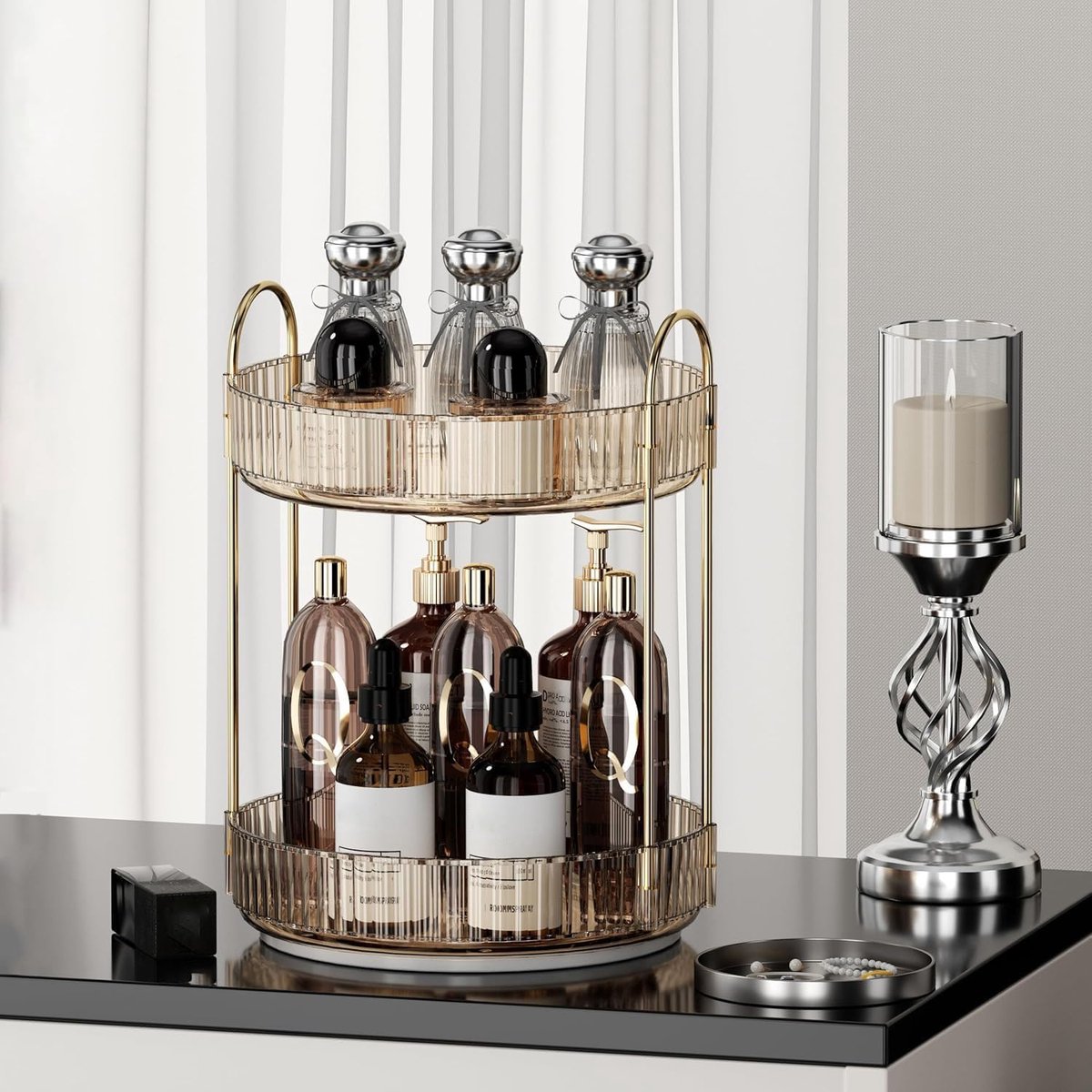 Draaibare Cosmetica Organizer 360° - 2-Laags Ronde Standaard voor Parfum en Make-up - Goud/Amber
