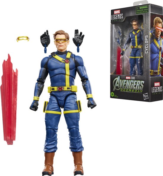 Cyclops actiefiguur, blauw met gele accenten, inclusief rode visor, extra handen en rode energiestraal.