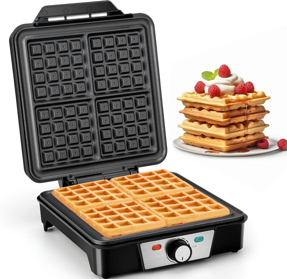 Wafelijzer - RVS - Voor 4 Wafels - Snelle Opwarming - Voor Gezinnen
