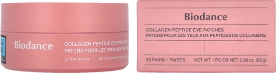 Biodance Collagen Peptide Eye Patches, een pot en doos met 30 paar roze oogpleisters.