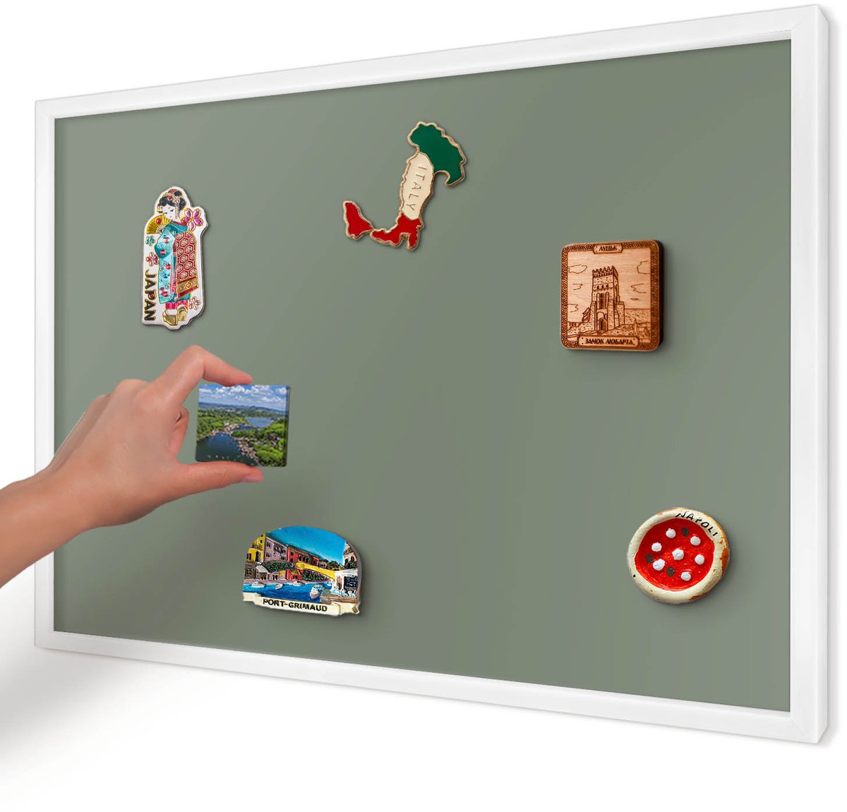Artprintcave Groente Magneetbord mit Witte Lijst - 60x40 cm - Donkere Salie Magnetische Organizer - Minimalist Magneet Bord mit Frame - Achtergronden En Patronen