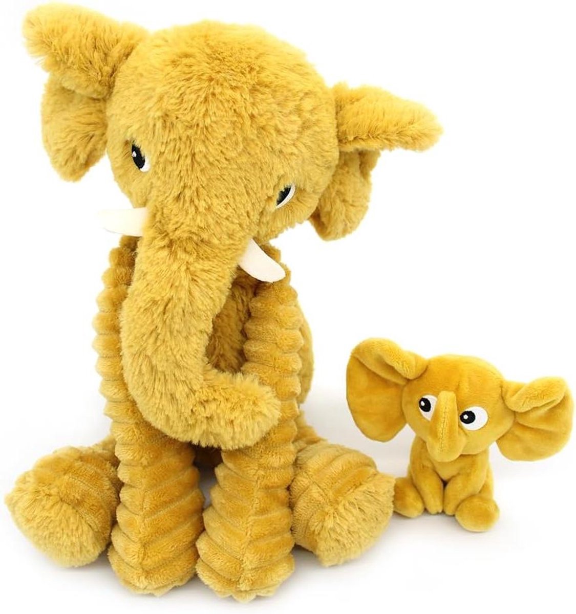 Pluche Olifant Mama Baby - Knuffeldier Set - Verhalen Creëren - Ultrazacht Corduroy Fluweel - 24 cm - Mosterd