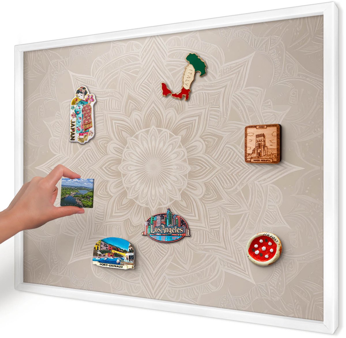Artprintcave Beige Magneetbord mit Witte Lijst - 70x50 cm - Mandala-Patroon Memobord Keuken - Minimalist Magneetbord Voor Foto's - Abstractie