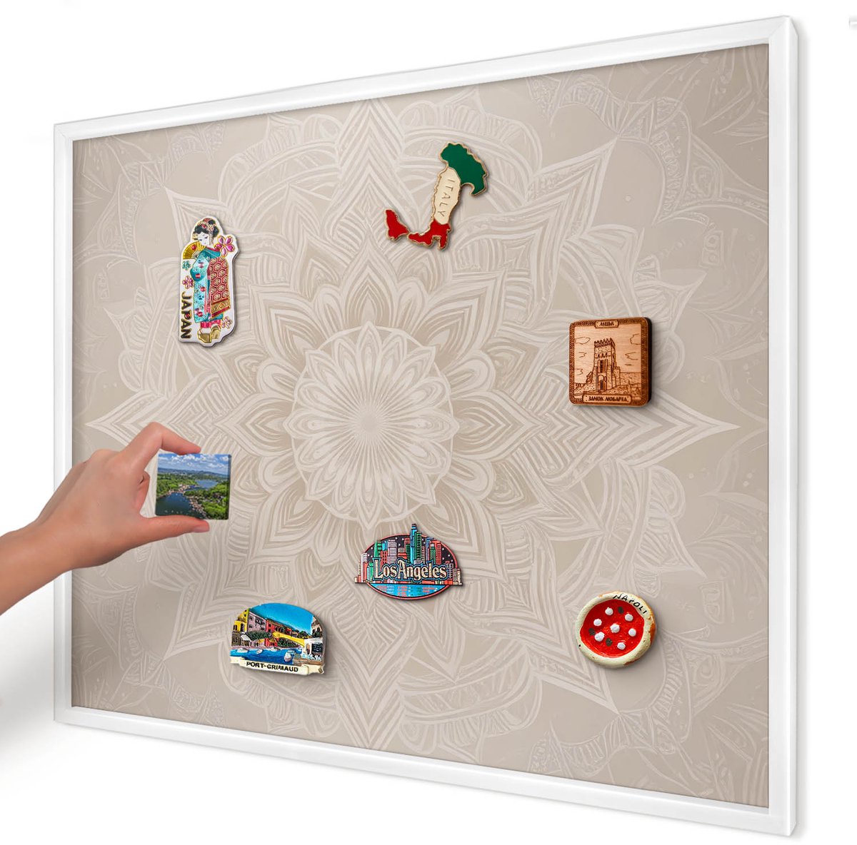 Artprintcave Beige Magneetbord mit Witte Lijst - 80x60 cm - Mandala-Patroon Magneet Bord mit Frame - Minimalist Memobord Keuken - Abstractie