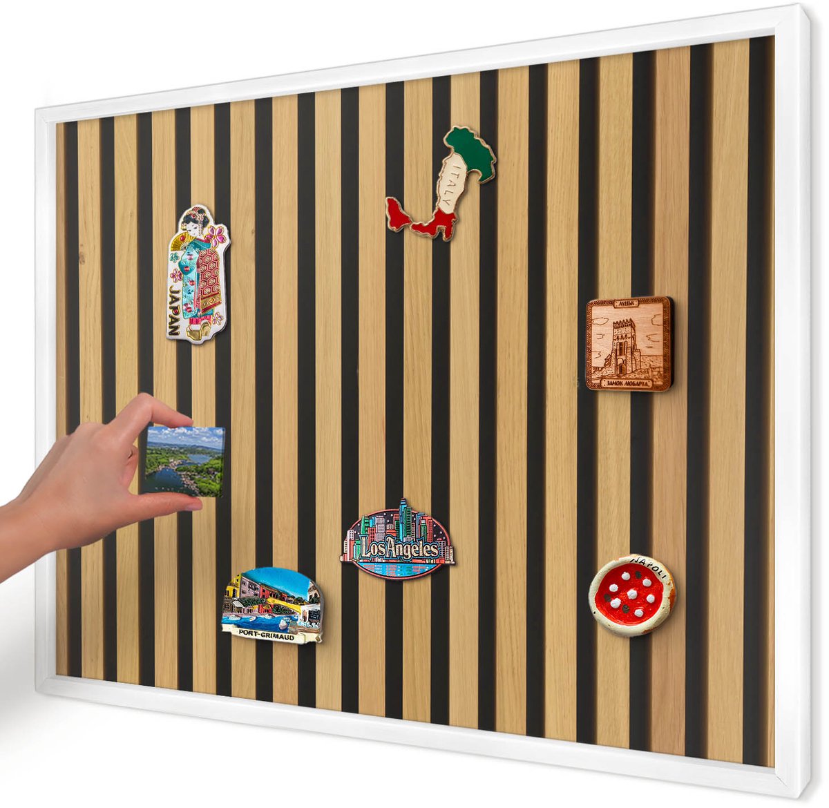 Artprintcave Bruin Magneetbord mit Witte Lijst - 70x50 cm - Houten Ritmes Memobord Keuken - Minimalist Magneet Bord mit Frame - Texturen