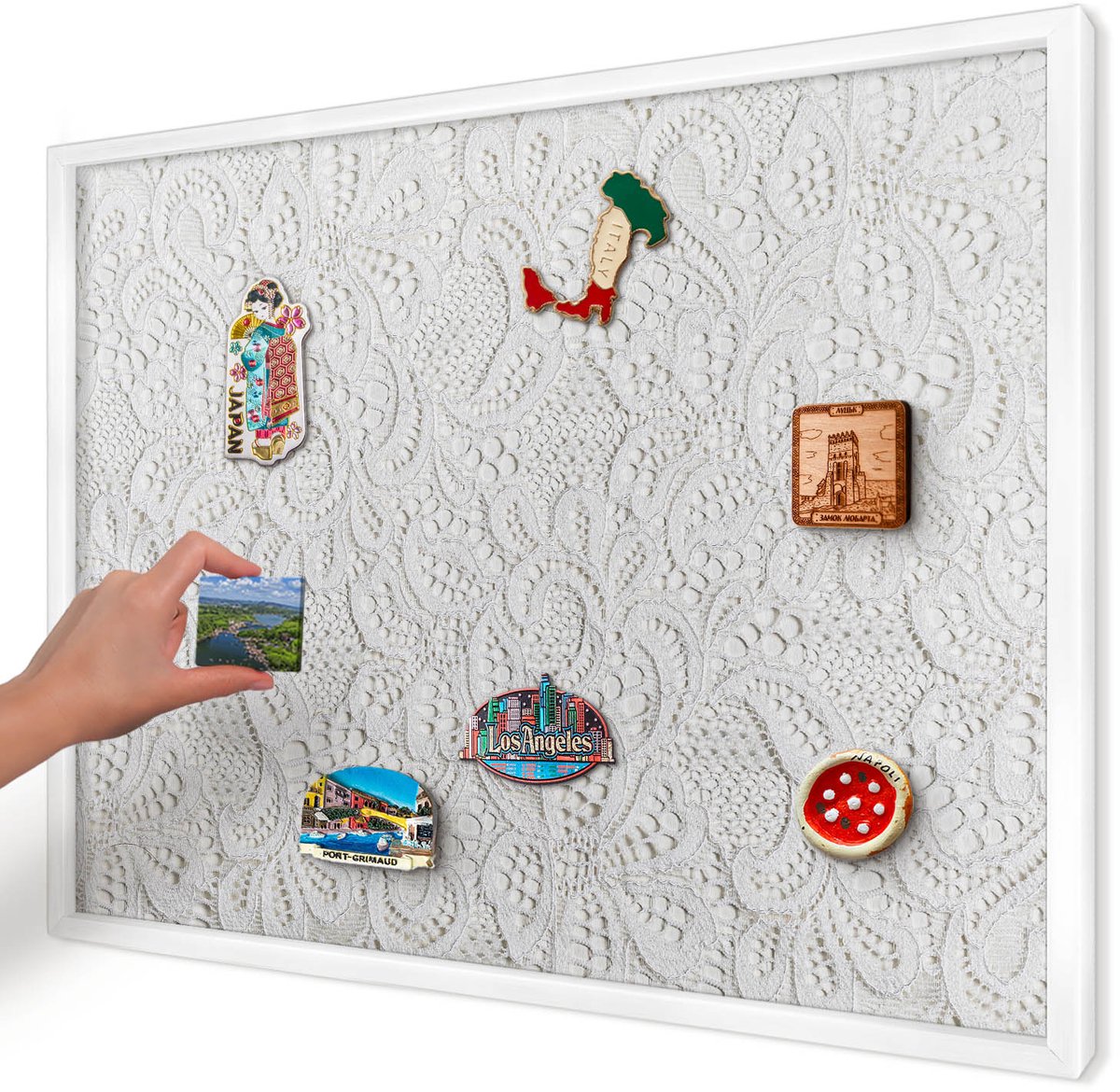 Artprintcave Wit Magneetbord mit Witte Lijst - 70x50 cm - Opengewerkte Elegantie Magnetisch Bord - Minimalist Magneetbord Voor Foto's - Texturen