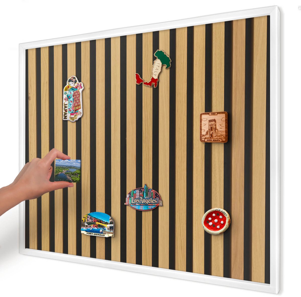 Artprintcave Bruin Magneetbord mit Witte Lijst - 80x60 cm - Houten Ritmes Magneet Bord mit Frame - Minimalist Magneetbord Voor Foto's - Texturen