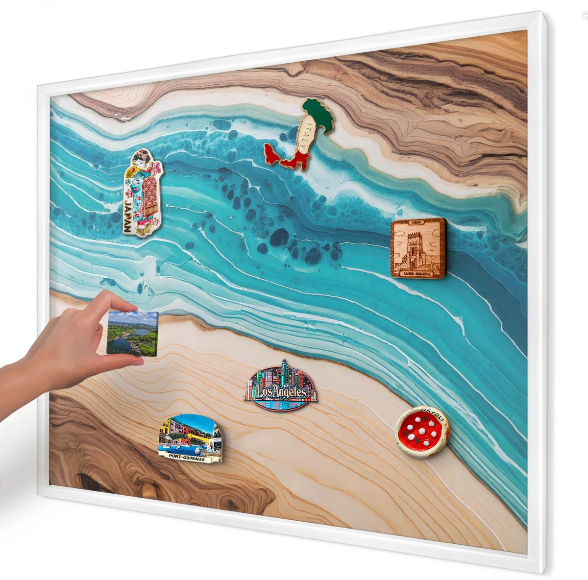 Artprintcave Turkoois Magneetbord mit Witte Lijst - 80x60 cm - Aardlagen Magneet Bord mit Frame - Abstract Notitiebord - Abstractie