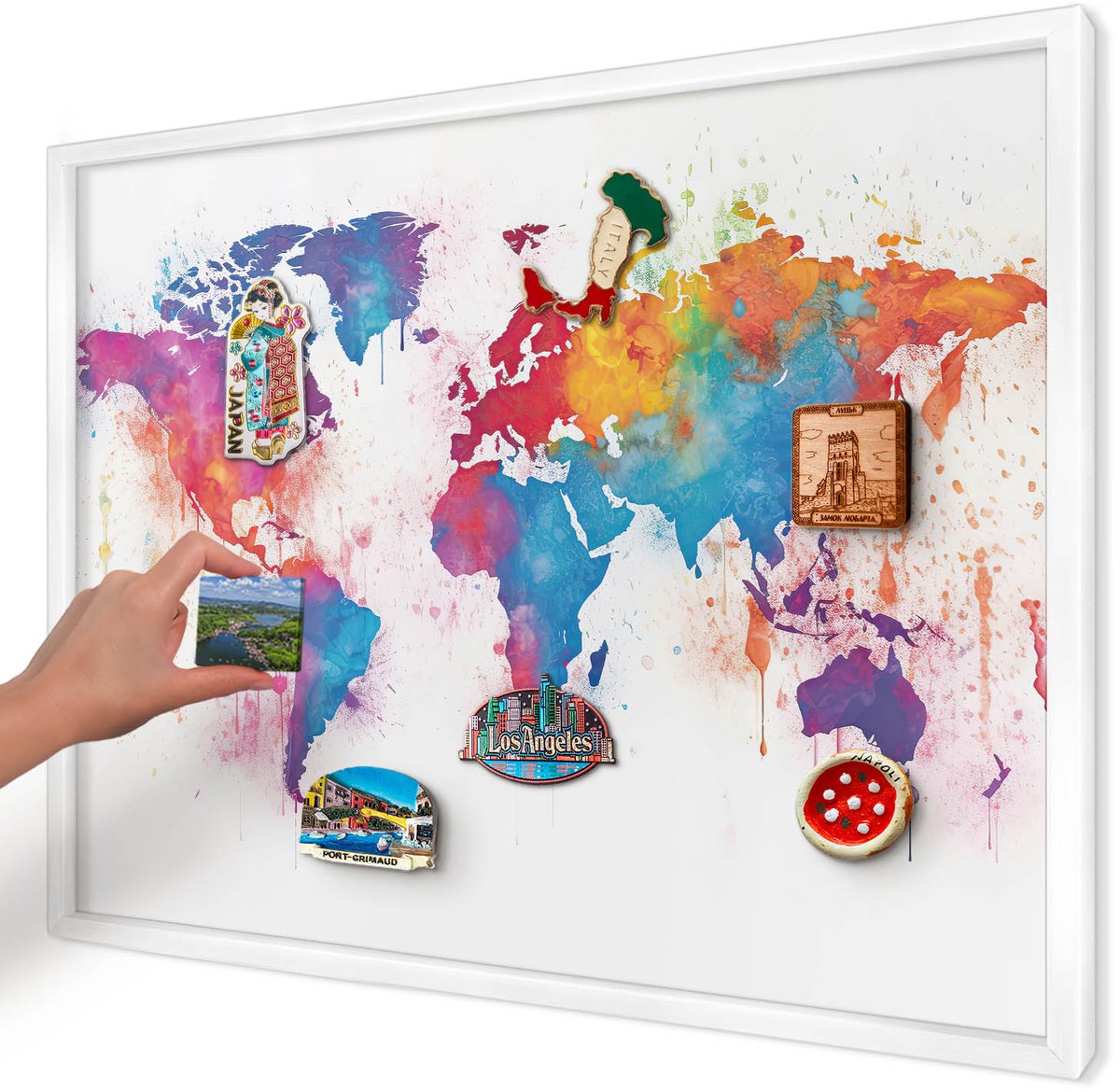 Artprintcave Blauw Magneetbord mit Witte Lijst - 70x50 cm - Kleurenkaart Bord Voor Magneten - Waterverf Magnetisch Bord - Kaarten