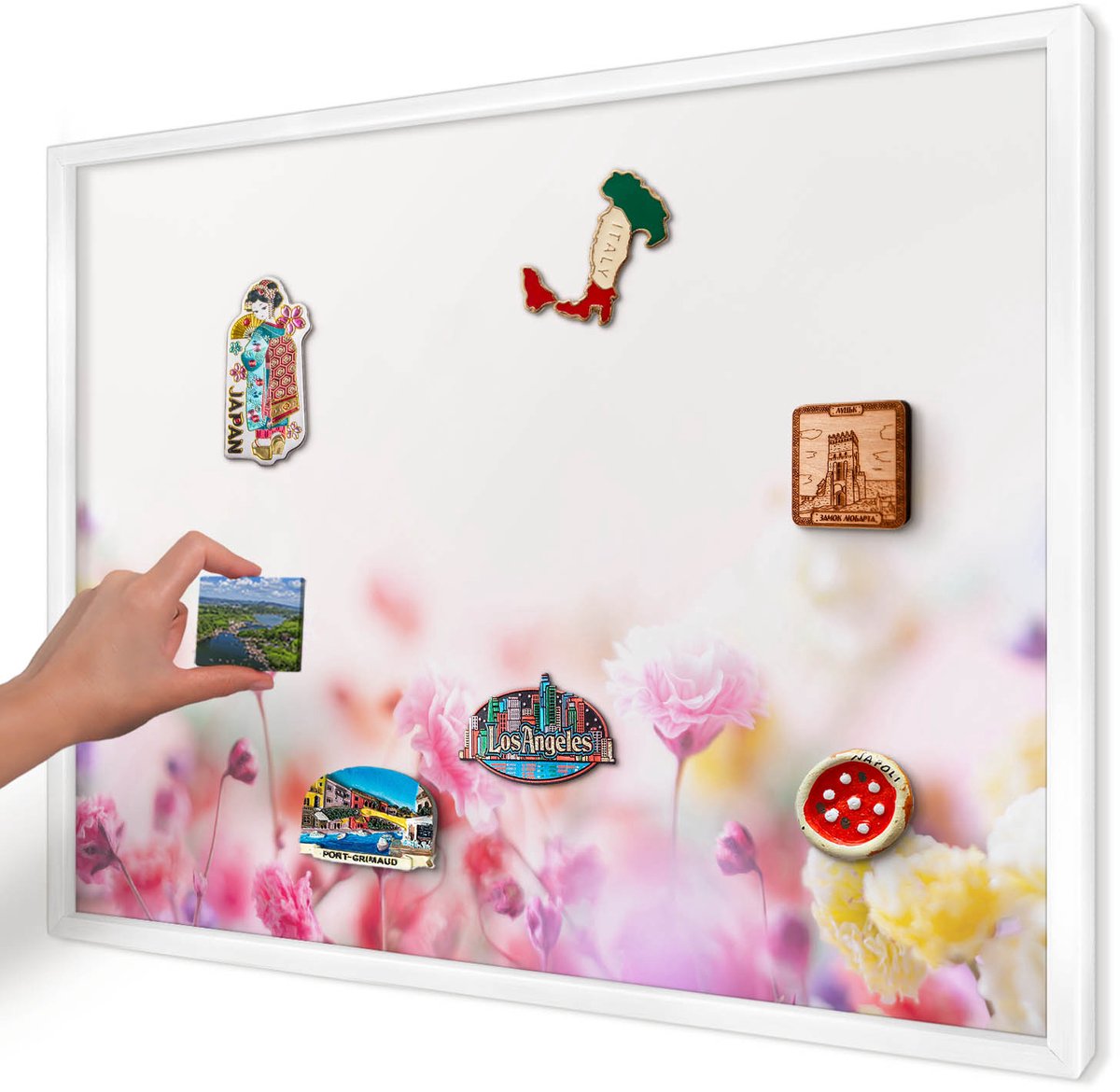 Artprintcave Roze Magneetbord mit Witte Lijst - 70x50 cm - Pastelkleurige Bloemen Magneetbord Voor Keuken - Abstract Bord Voor Magneten - Bloemen En Planten