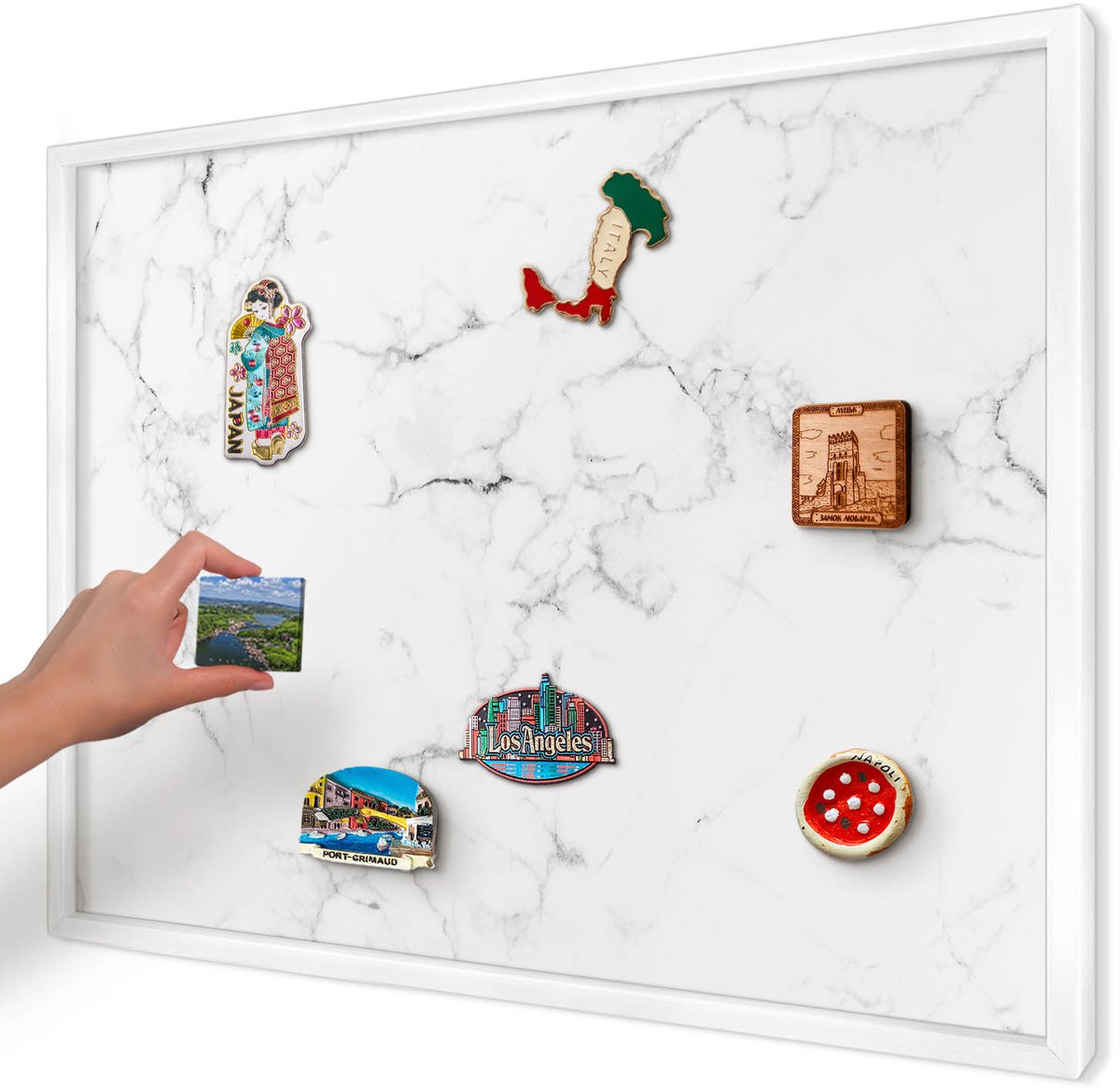 Artprintcave Wit Magneetbord mit Witte Lijst - 70x50 cm - Marmerpatroon Notitiebord - Minimalist Magneetbord Voor Keuken - Texturen