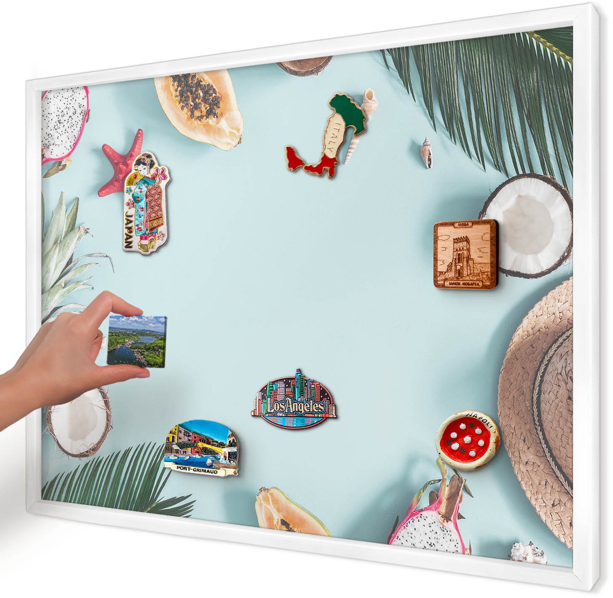 Artprintcave Blauw Magneetbord mit Witte Lijst - 70x50 cm - Tropische Vakantie Magneetbord Voor Keuken - Modern Wandbord Magnetisch - Natuur