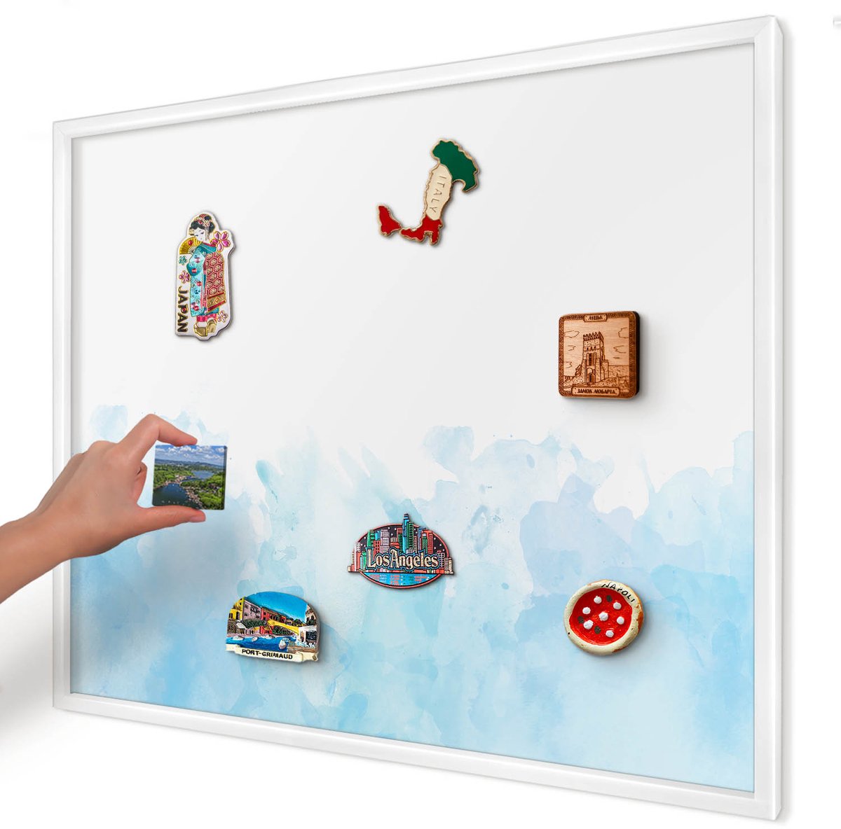 Artprintcave Blauw Magneetbord mit Witte Lijst - 80x60 cm - Rustgevend Landschap Magnetische Organizer - Waterverf Notitiebord - Abstractie