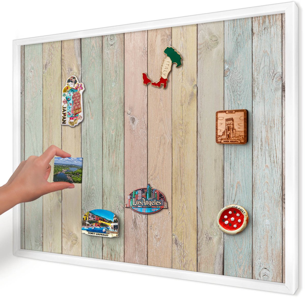 Artprintcave Groente Magneetbord mit Witte Lijst - 70x50 cm - Rustieke Planken Magnetisch Bord - Rustiek Magnetische Organizer - Texturen