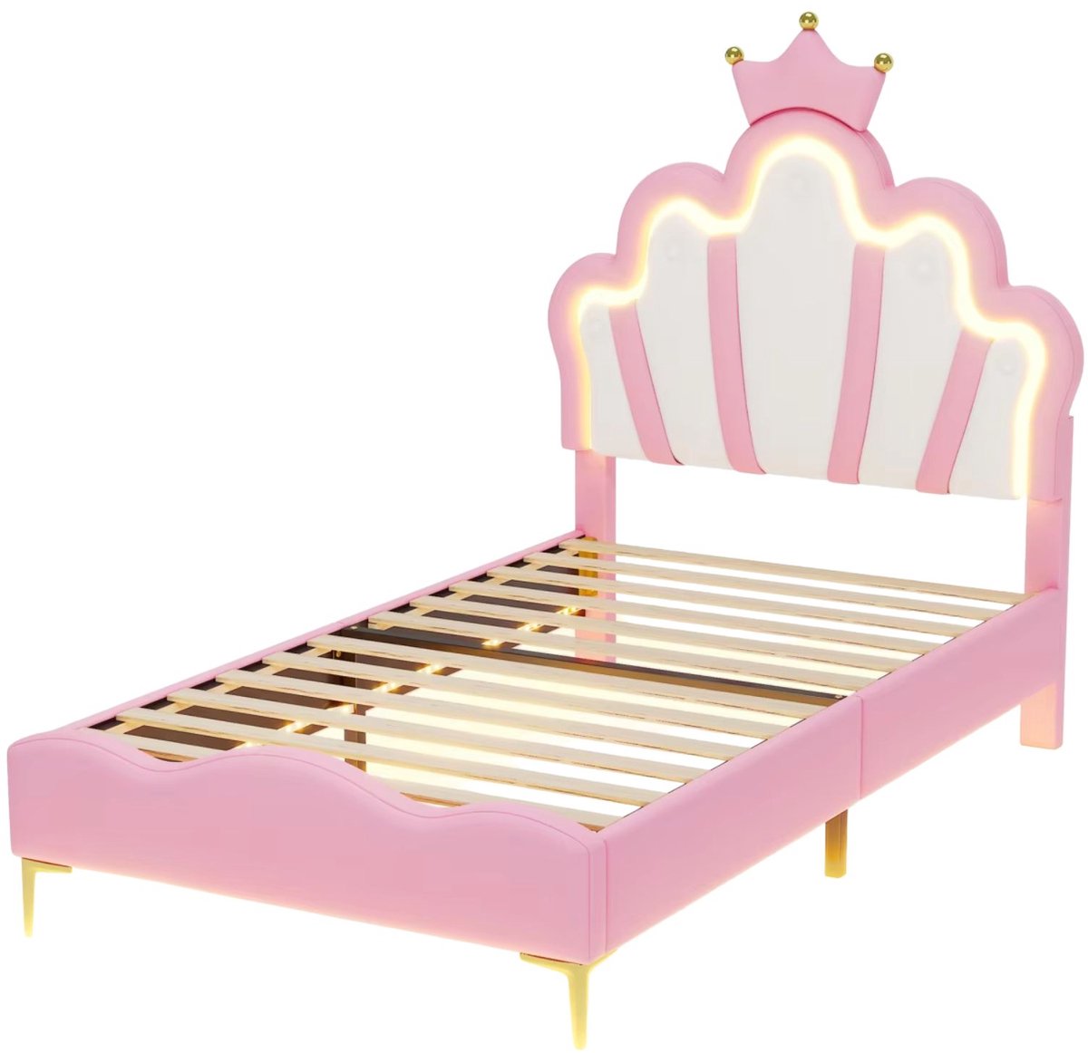 Prinsessenbed 90x200 cm Roze – Gestoffeerd Kinderbed met LED Verlichting en Kroonhoofdbord