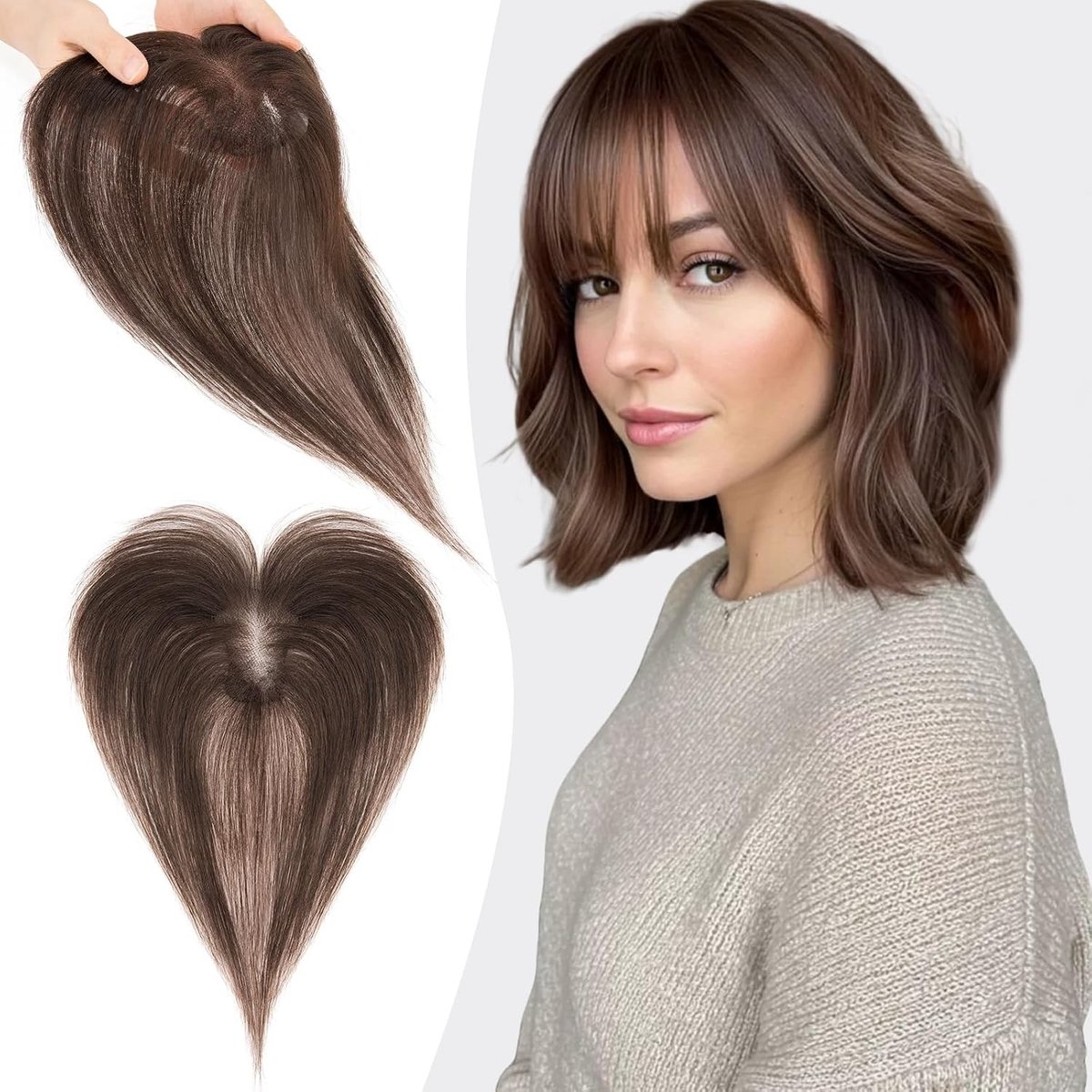 Echte Haar Topper met Pony, 13g Clip-in Remy Haar voor Vrouwen, 28CM Donkerbruin Haar met 9x12CM Lace Basis voor Volumineuze Haarstijl
