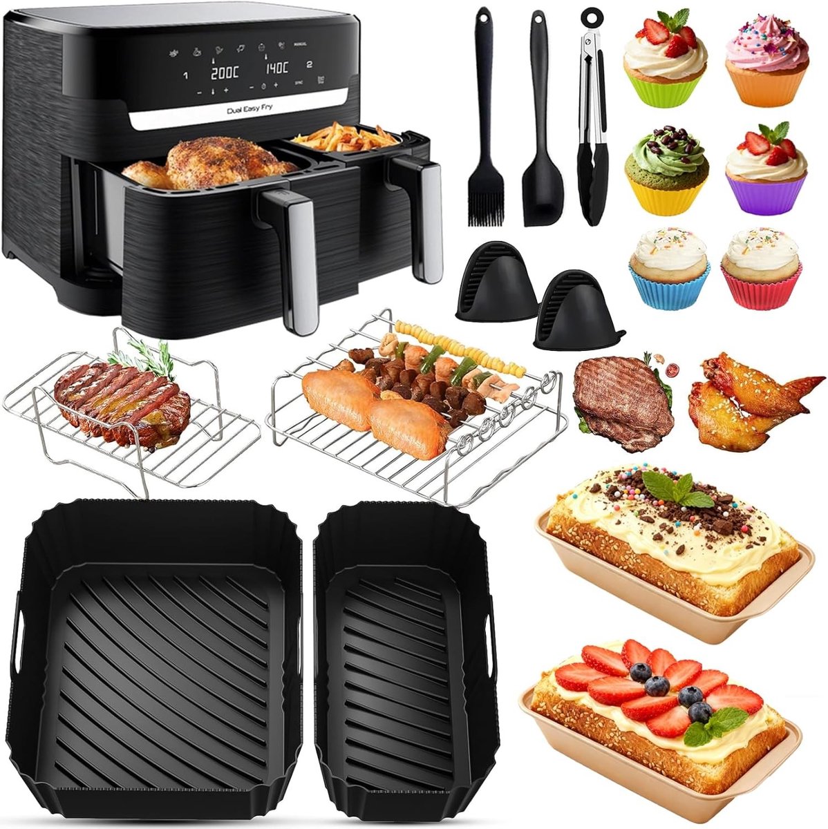 Accessoires voor Airfryer 8.3 L met Siliconen Mallen, Grillrooster en Bakvormen voor Gezond Koken en Bakken
