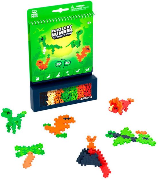 Plus-Plus constructiespeelgoed: set met zes dinosaurusfiguren in groen, oranje, rood en grijs, met een activity pad.