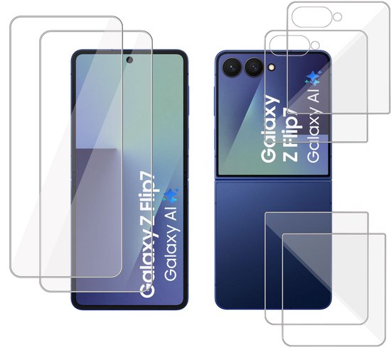 Deux protecteurs d'écran transparents sur un Samsung Galaxy Z Flip bleu.
